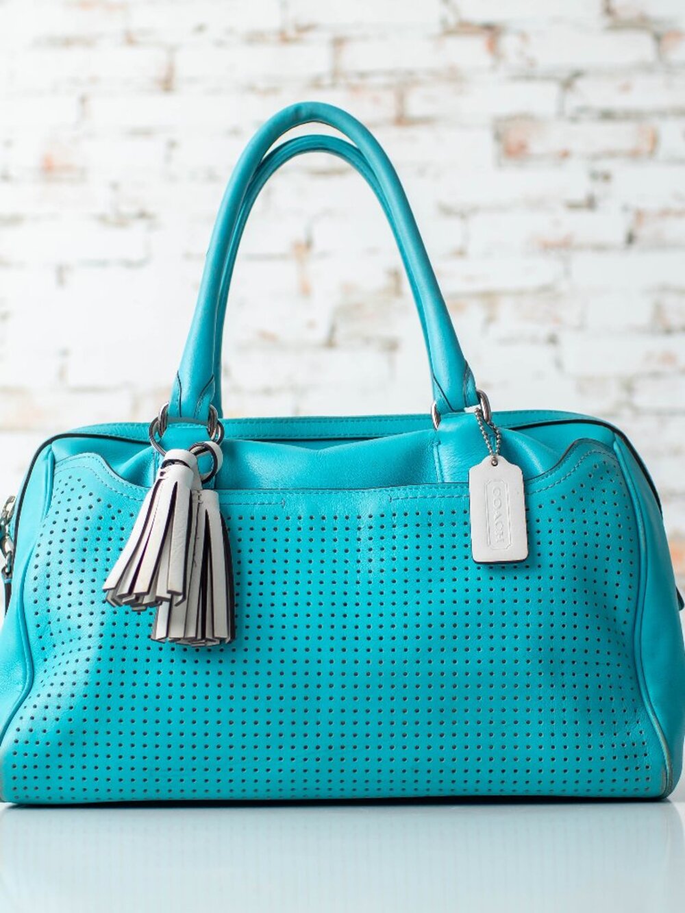 Coach Legacy Perforated Leather Haley Satchel Turquoise Aqua Fringe Leather 2012 - Picture 1 of 11
